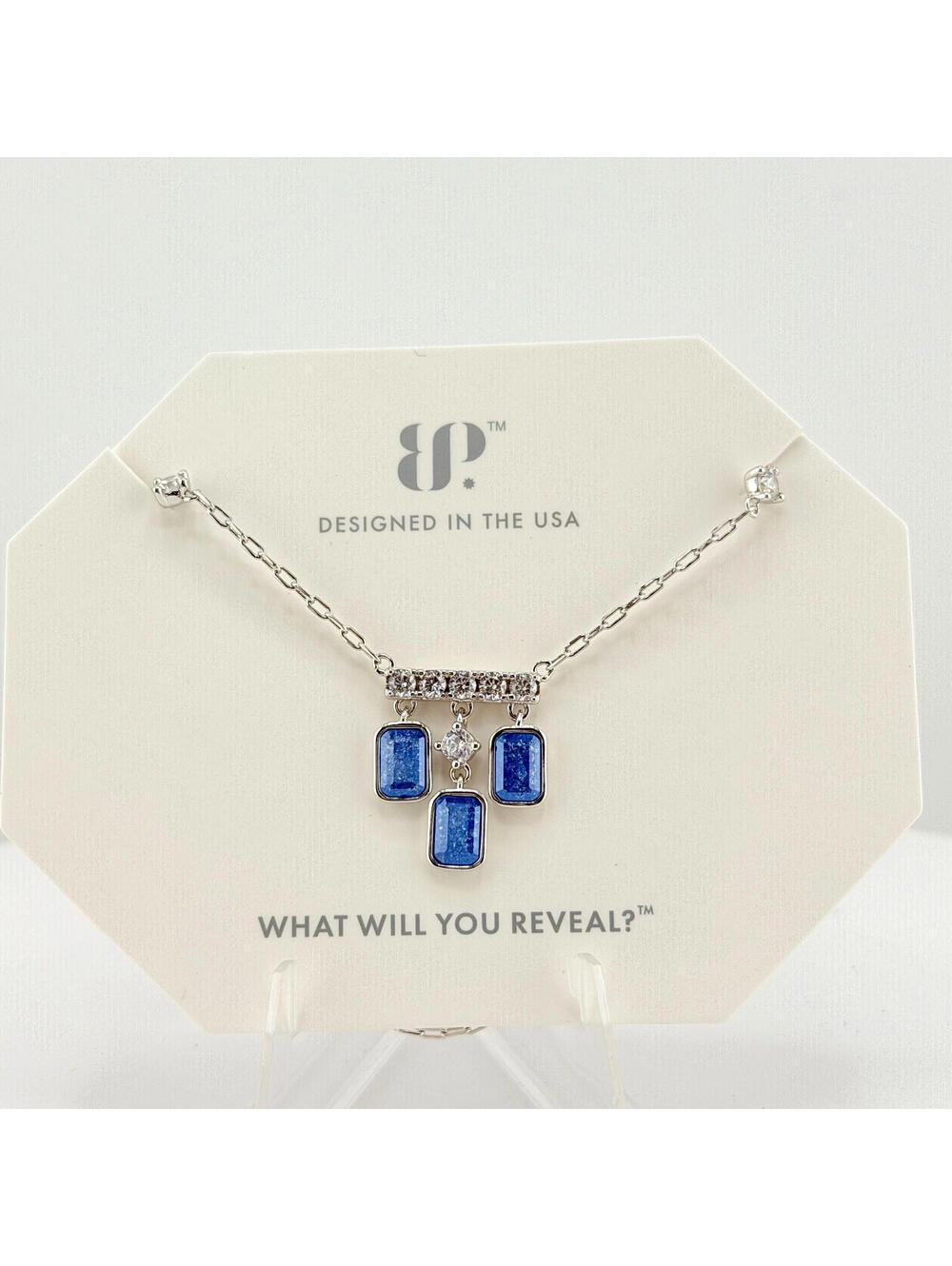 Bomb Party Necklace "Triply Dazzled" Aqua Blue Ice Crystal on Rhodium